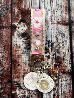 Spartina 449 Pink White Floral Key Fob Keychain with Gold Hardware